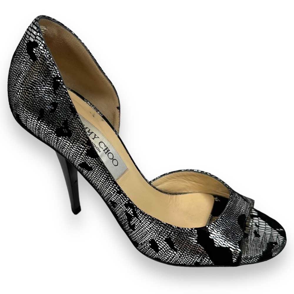 Jimmy Choo Gino Heels Pumps  35.5 5.5 Black Silver Snakeskin Open Toe‎ Metallic
